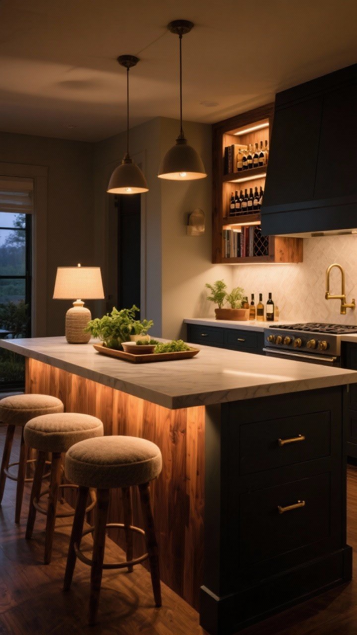 Wide editorial hero shot of a cozy kitchen island that ties it all together: warm wood accents, layered lighting glow, upholstered stools, styled tray with greenery and a petite lamp, texture-rich materials, moody island color with brass hardware, built-in cookbook cubby and wine rack, and a subtle beverage nook; evening ambiance with warm, soft illumination and a lived-in yet uncluttered feel; photorealistic.