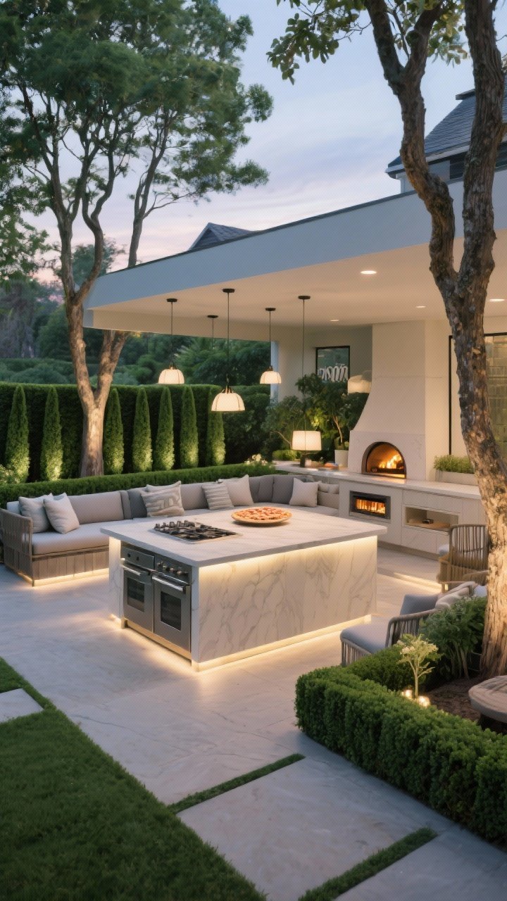 Wide entertainment zone: the entertainer’s garden great room featuring a U-shaped island with seating so the chef faces guests, built-in banquettes with outdoor cushions, a pizza oven and a warming drawer integrated into the run, evergreen hedging and pleached trees framing the space into a green “room,” layered lighting—under-counter LEDs, pendant fixtures over the island, and uplights washing tree trunks—comfortable, zoned layout at early evening, photorealistic, no people.
