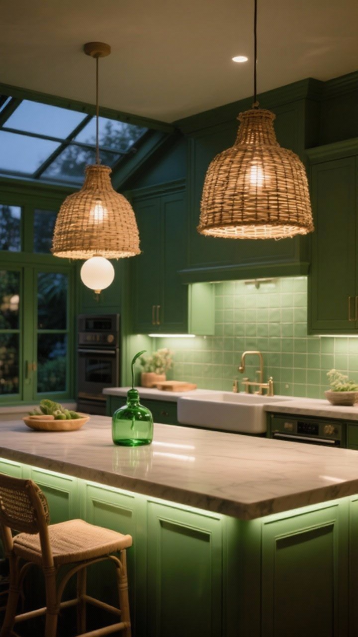 Wide, evening ambiance: A green-accent kitchen lit like a conservatory with layered lighting—two wicker/rattan pendant lights over the island casting warm texture, under-cabinet LED strips illuminating the backsplash work zone, and a soft overhead glow from milk glass globes. Include a subtle green-tinted glass pendant over the sink as a color echo. Use warm bulbs (2700–3000K) so the greens read cozy, not cold. No people, photorealistic atmosphere.
