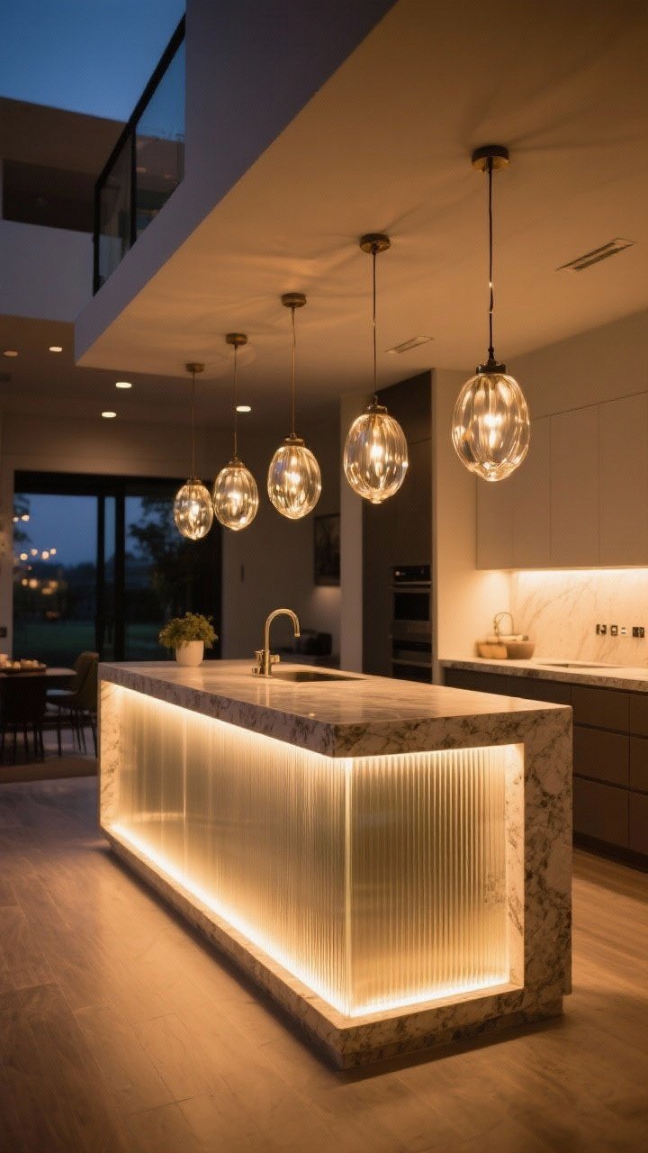Wide evening shot: A glow-up island scene with artful glass pendants sized 10–12 inches narrower than island depth, warm 2700–3000K LED under-counter halo lighting, and a ribbed glass accent panel softly diffusing light; stone top appears inviting under warm ambiance; dimmers creating layered task, ambient, and accent lighting; camera from a corner angle to show pendant rhythm and underglow; photorealistic, no people.