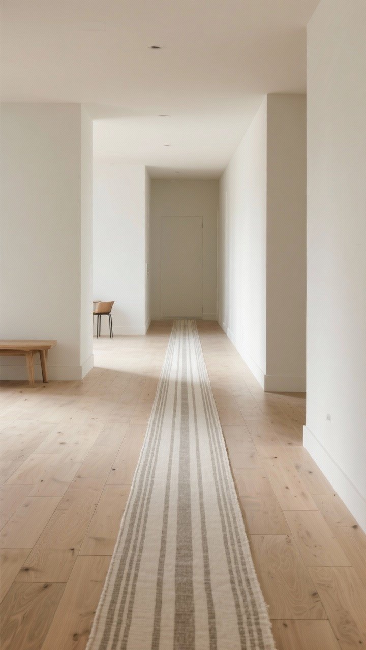 Wide floor-focused shot creating visual flow: light-to-medium wood or tile flooring running lengthwise along the longest wall to stretch the room, large-format tiles or long planks with minimal grout lines, a subtle striped or lightly patterned washable runner placed along the main traffic line; calm, continuous look; camera low and slightly angled down to emphasize directionality and continuity; soft natural light.