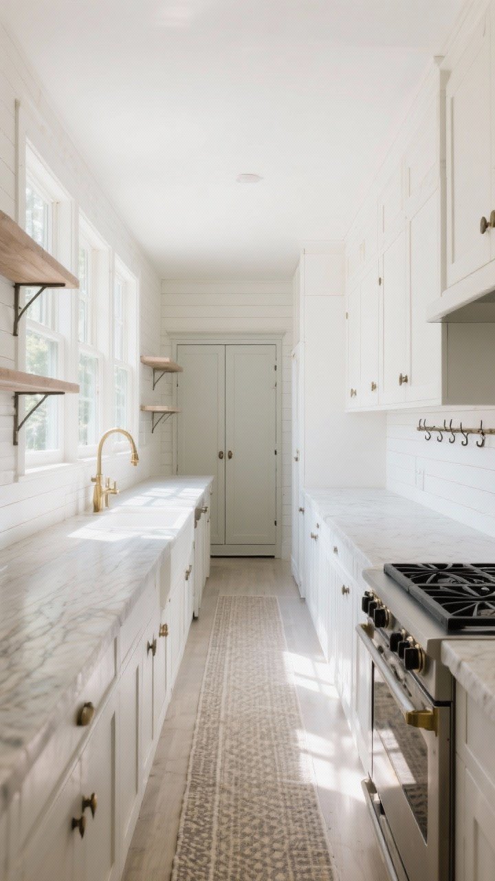 Wide galley kitchen shot, bright farmhouse style: long run of windows on one wall flooding the space with natural light, minimal upper cabinets on the opposite wall with a few open shelves and a rail with hooks, whitewashed shiplap walls, light stone or butcher block countertops with visible grain, polished brass or black hardware, a tall pantry cabinet at the far end drawing the eye upward, slim unfussy lines, a narrow runner with a subtle pattern down the center; airy, reflective, photorealistic, straight-on perspective, daytime.
