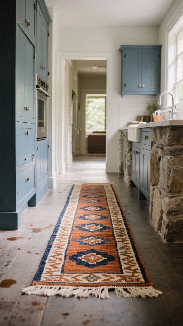 Wide hallway-style kitchen floor shot showcasing a vintage-style runner: warm terracotta, midnight blue, and cream pattern that hides spills; placed with a few inches of floor showing on each side for proper scale; cool-toned cabinetry and stone balanced by the runner’s warmth; natural morning light from a nearby window; photorealistic, no people.