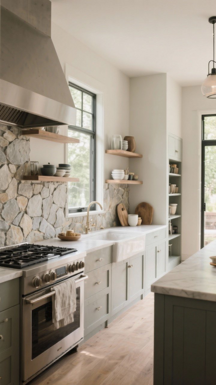 Wide, inviting final scene of a no-uppers kitchen mixing ideas mentioned: open shelves with edited wares, a matching stone backsplash ledge, and a pantry wall off to one side; abundant natural light from large windows; cohesive materials and calm palette; a sense of evolution and lived-in practicality with subtle styling; straight-on perspective, balanced composition, photorealistic lighting and textures