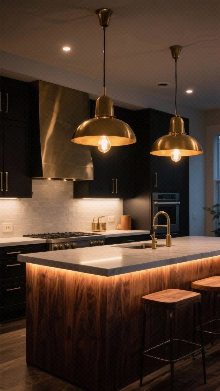 Wide kitchen scene showcasing layered lighting: oversized brass statement pendants over a walnut island, continuous under-cabinet LED strip casting an even wash on the backsplash, and dimmer-controlled warm bulbs (2700–3000K) throughout; mixed metals with black cabinet hardware; moody evening ambience with balanced glow (no glare); visible task and ambient layers; straight-on composition capturing island and perimeter counters.