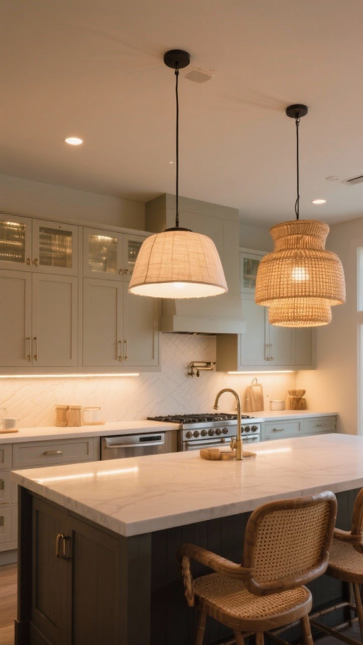 Wide kitchen shot highlighting lighting: two oversized pendants with rattan shades over the island (proper scale), a semi-flush linen fixture centered in the room, and subtle LED tape lights glowing under the upper cabinets. Warm, flattering 2700–3000K bulbs on dimmers, mixed materials (rattan, linen, metal accents) for texture, glass accents on cabinet doors for extra airiness. Straight-on perspective capturing the glow-up effect and balanced illumination zones.