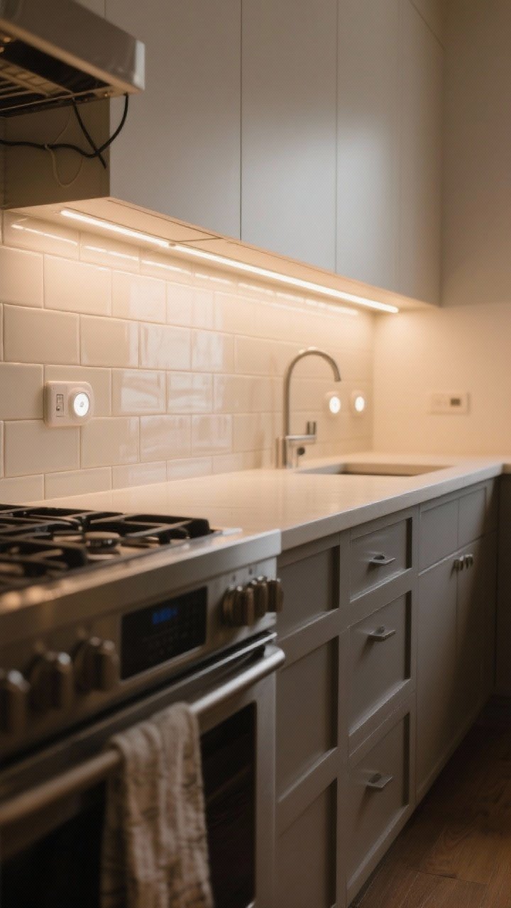 Wide kitchen shot, low eye-level: under-cabinet lighting showcasing a tile backsplash. Continuous LED strip lights provide shadow-free illumination along the length; a secondary vignette with rechargeable puck lights on a shorter run. Warm white color temperature (2700–3000K) for a cozy glow. Light rail moulding subtly hides wires. Emphasize the backsplash texture and even light spread.