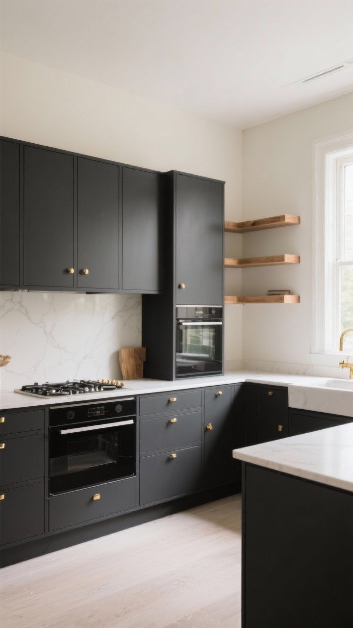 Wide kitchen view with soft charcoal-leaning black cabinets in satin finish; creamy off-white walls, light counters, and natural wood open shelves for balance; warm brass hardware on doors and drawers; high-contrast, moody-yet-forgiving ambiance; even daylight from a side window, shot from a corner angle to emphasize contrast and modern design cred without harshness.