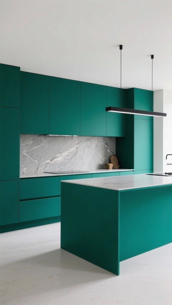 Wide, modern minimalist kitchen: slab-front cabinets in a saturated green (deep teal or true emerald) with long edge pulls in matte black or polished chrome; super-matte finish on cabinetry or laminate for ultra-smooth surfaces; full-height stone backsplash matching counters; a bold waterfall island in emerald; clean lines, minimal decor; bright, even lighting; photorealistic, low eye-level angle.