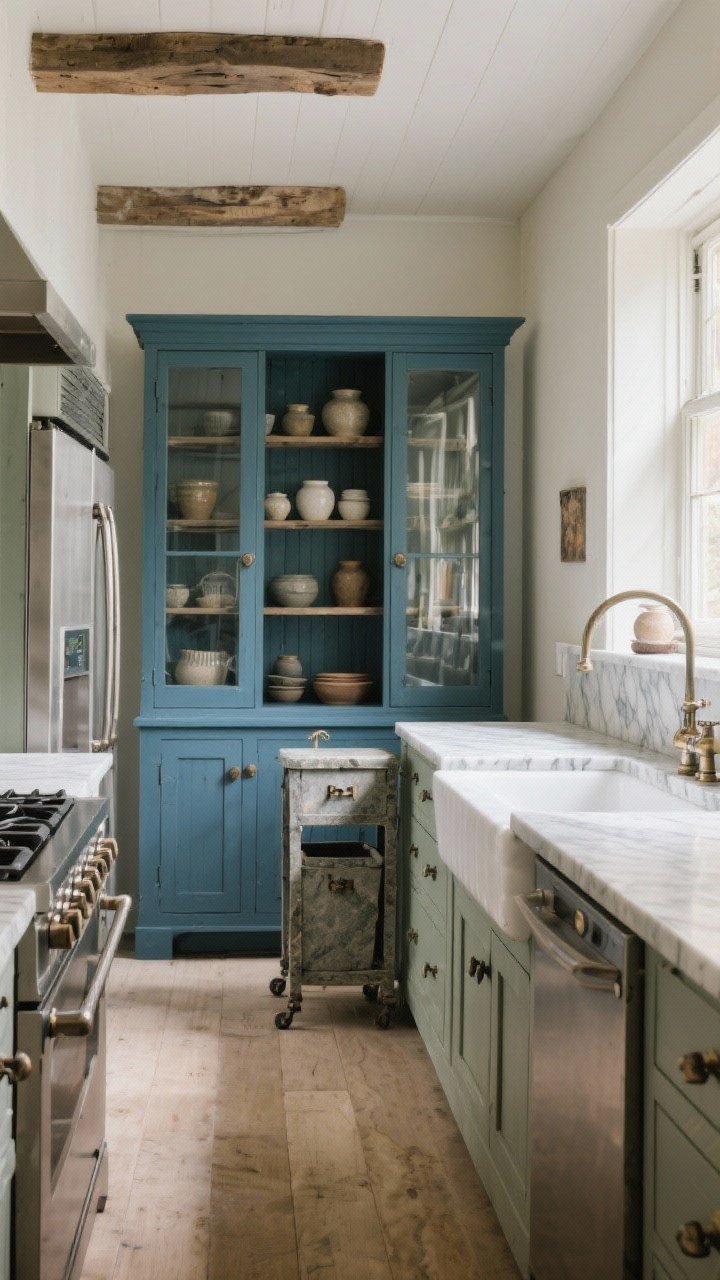 Wide one-wall rustic kitchen with a freestanding pantry: fridge, sink, and stove aligned on a single wall with deep drawers below, soapstone or honed quartz countertops with soft veining, opposite side features a standalone glass-front hutch/pantry painted a contrasting deep blue, cumin, or olive to showcase stoneware and act as a focal point, middle kept open for a slim movable cart, antique-style latches and bin pulls; bright, intentional, photorealistic, slight angled perspective.