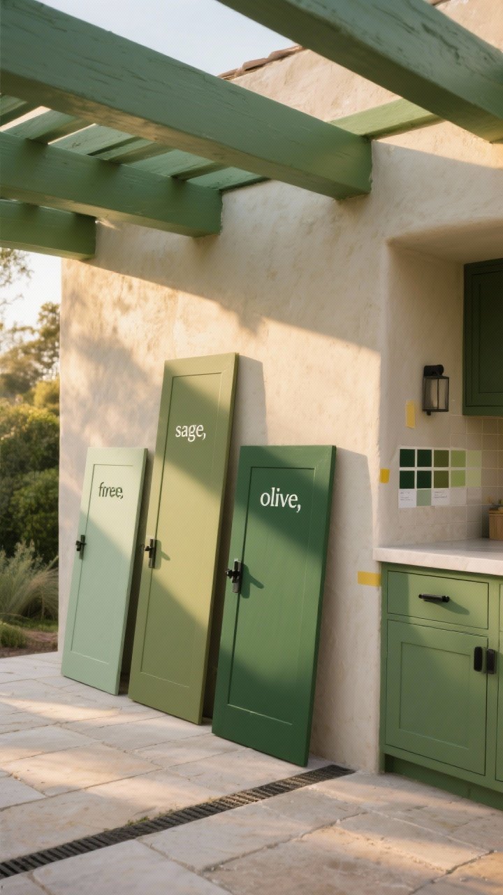 Wide outdoor kitchen scene at golden hour showing a sage, olive, and forest green palette test in situ: three large painted cabinet door samples leaned against a stucco feature wall, each labeled “sage,” “olive,” and “forest,” with sunlight shifting across them; a matte-finished green pergola beam overhead; matte, not glossy, paint sheens; pale stone pavers; a strip of matte black hardware placed on the forest sample to show contrast; include taped paint swatches on the wall viewed straight-on, emphasizing how daylight alters the greens.