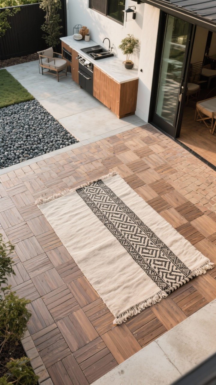 Wide overhead angle: Upgraded flooring without renovation. Interlocking deck tiles create a wood-look floor over old concrete, anchored by a large neutral outdoor rug and a narrower patterned runner near the prep zone. A pea gravel pad defines a secondary area adjacent to pavers. Colors in sand, charcoal, and clay for a curated, high-end feel. No furniture clutter; focus on patterns and textures.