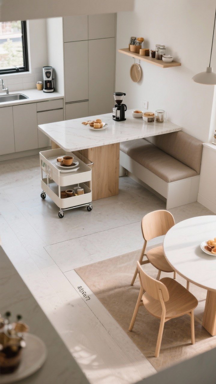 Wide overhead/angled shot of a compact floor plan: A slim rolling cart serving as a floating island alternative; a breakfast nook with a slim bench tucked fully under the table and rounded table corners; clear main pathway maintained at 36 inches; a defined coffee station zone on one counter segment with contained accessories; visual flow feels open and efficient.