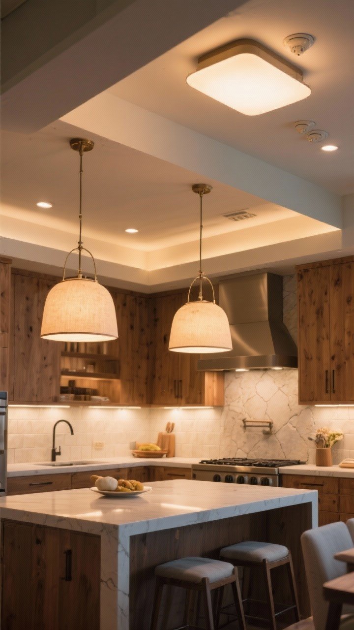 Wide overhead-corner angle of layered kitchen lighting: two oversized pendants over the island, warm 2700–3000K under-cabinet task lights illuminating a light backsplash, and a diffused ambient fixture on the ceiling; dimmers set to an evening glow that flatters wood and stone; no harsh cool bulbs, balanced brightness zones across prep and dining areas.