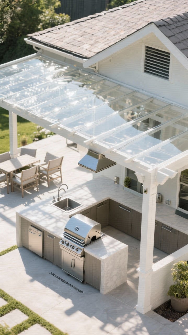 Wide overhead layout shot of shade and shelter: pergola with clear polycarbonate panels casting filtered light patterns, a simplified work triangle marked by grill, prep surface, and sink within a few steps; a vented hood under a partial roof and an open gable for airflow; grill placed downwind from seating showing wind-aware positioning; 24-inch landing zones on either side of grill and sink clearly visible; bright midday light; photorealistic top-down view.