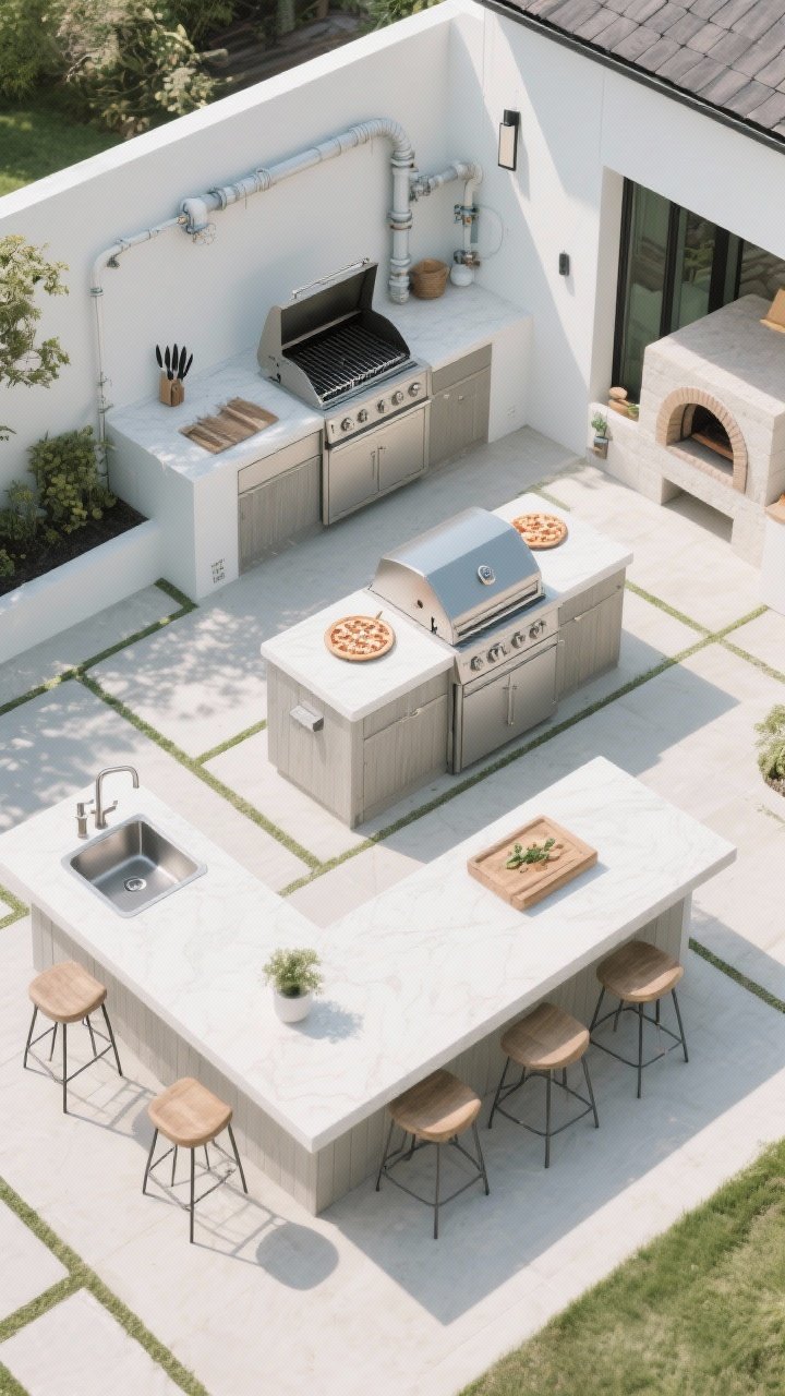 Wide overhead plan-like perspective: A cleanly zoned outdoor kitchen showing three clear zones—Prep (sink, knives), Cook (grill, pizza oven), and Serve (bar with landing zone); accurate landing spaces: 12–18 inches flanking the grill, 24 inches beside the sink; guest stools positioned outside the cook’s triangle; conduits for gas, water, and electrical discreetly concealed; calm, spa-like flow with minimal clutter; bright even daylight, photorealistic.