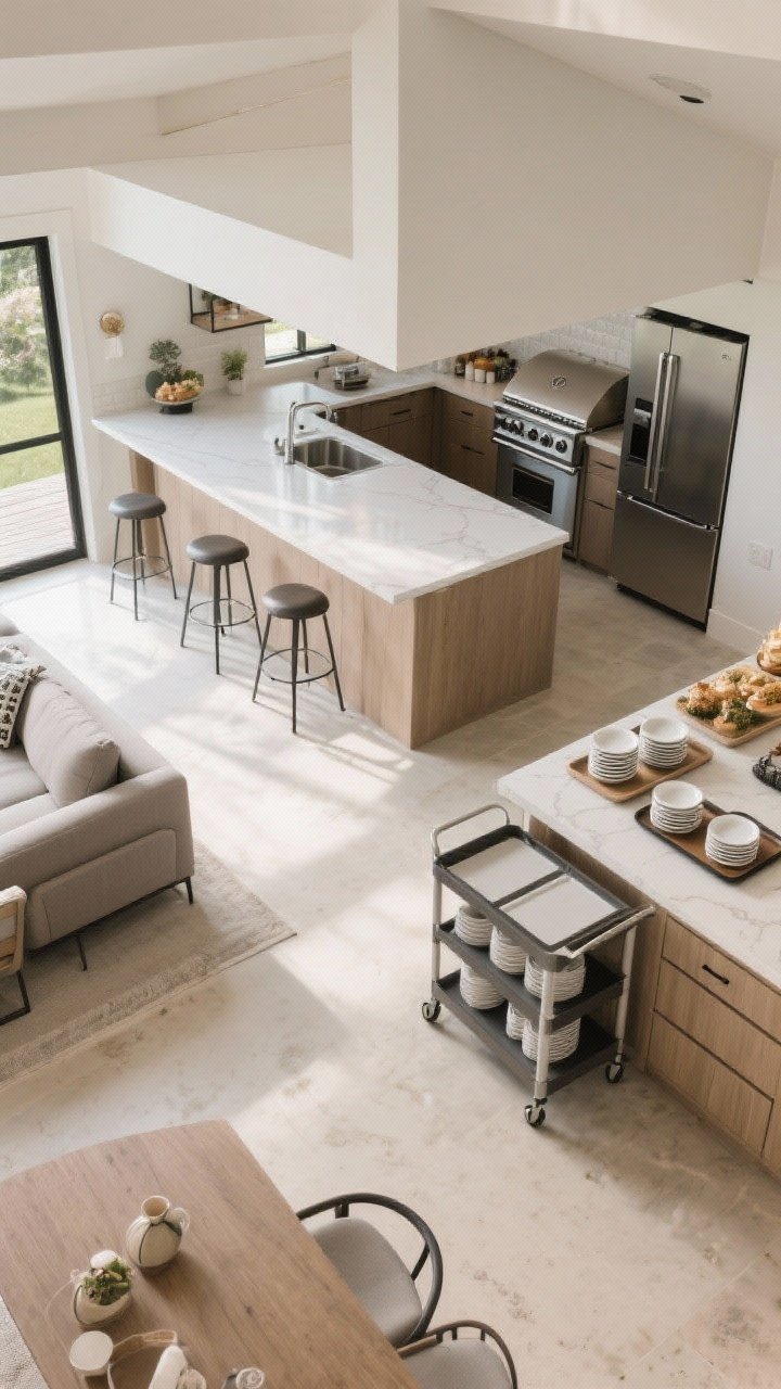 Wide overhead plan-style shot capturing seating and serving flow: clear triangle between grill, sink, and fridge; bar overhang with three stools positioned away from hot zones; an 8–10 foot offset lounge/dining area with a buffet ledge/pass-through counter; a rolling cart stationed as a flexible bar; tray station with stackable melamine dinnerware in a nearby dry drawer; soft midday light, no people