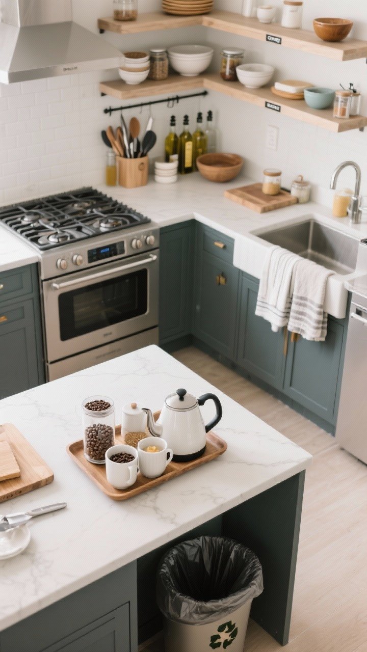 Wide overhead shot mapping clear kitchen zones: coffee/tea station grouped on a small tray with mugs, kettle, beans, and sweeteners; a prep zone by the main counter with knives, mixing bowls, and cutting boards within arm’s reach and trash access nearby; a cooking zone at the stove with oils, spices, and utensils in a rail or crock; a cleaning zone by the sink with towels, soaps, and a compost bin. Subtle shelf and bin labels visible, tidy and efficient layout.