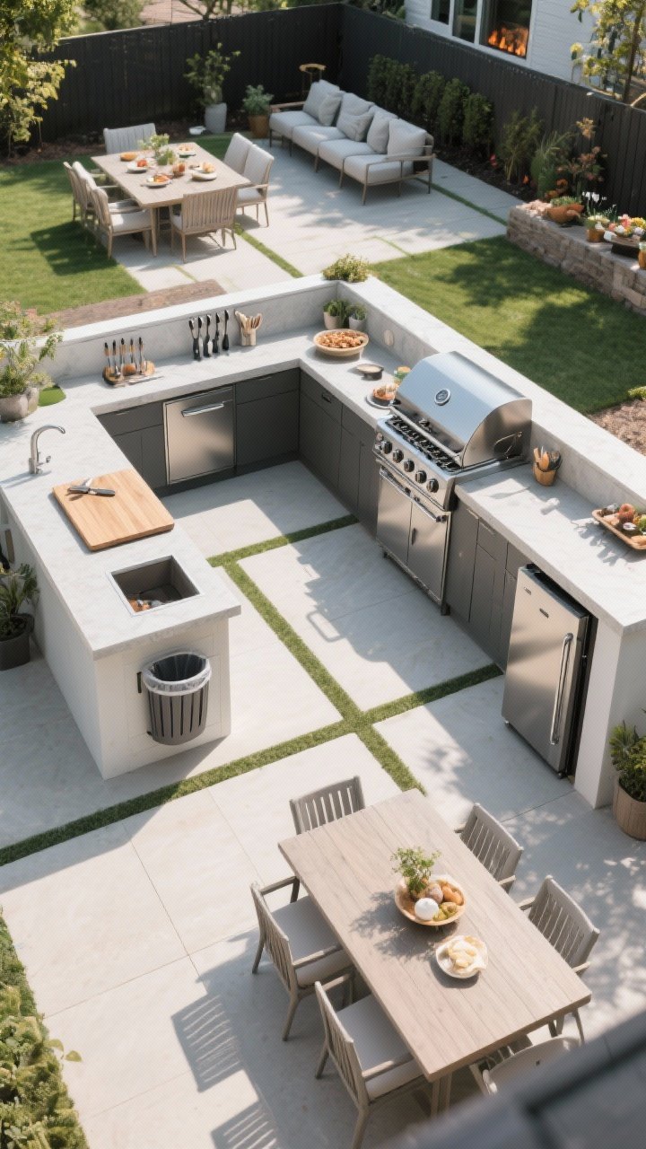 Wide overhead shot of a backyard BBQ layout divided into four clear zones: prep zone with counter space beside the grill featuring a drop-in cutting board, trash pull-out, and utensil hooks; cook zone with a stainless grill and side burner flanked by 12–18 inches of heat-proof landing space on both sides; serve zone with a bar ledge/buffet counter positioned to keep guests away from the cook; chill zone with seating set back from the heat but within conversation range. Include a logical flow from an outdoor fridge to prep, to grill, to table. Natural daylight, clean modern materials, no people, photorealistic.