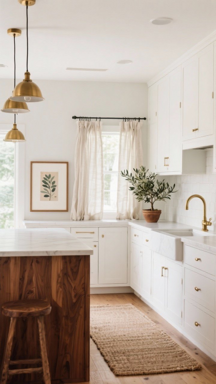 Wide, polished final scene of a cohesive white-and-wood kitchen incorporating layered tips: consistent warm-white cabinetry, a walnut island repeated in a small wood-framed art print leaning on the backsplash, linen cafe curtains filtering daylight, a cushy runner on the floor, and a potted olive tree adding greenery. Brass pendants repeated with a brass faucet for unity. Straight-on view, soft daylight, warm, lived-in mood without people.