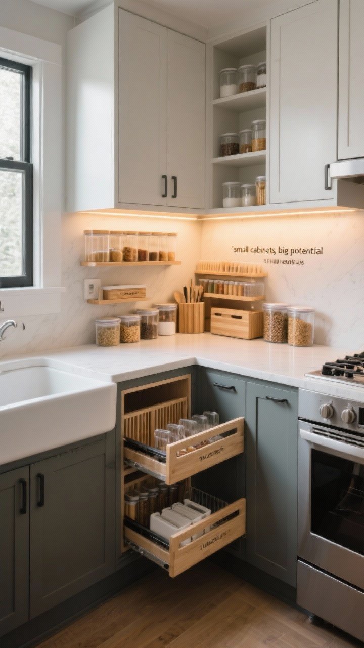 Wide, polished kitchen vignette summarizing “small cabinets, big potential”: a compact kitchen featuring multiple upgrades—pull-outs, dividers, under-sink organizers, and a slim spice pull-out—each subtly visible; clear labels and cohesive containers (mix of bamboo and clear); balanced lighting with natural daylight and warm under-cabinet LEDs; mood is calm, efficient, and uncluttered; no people, photorealistic finish.