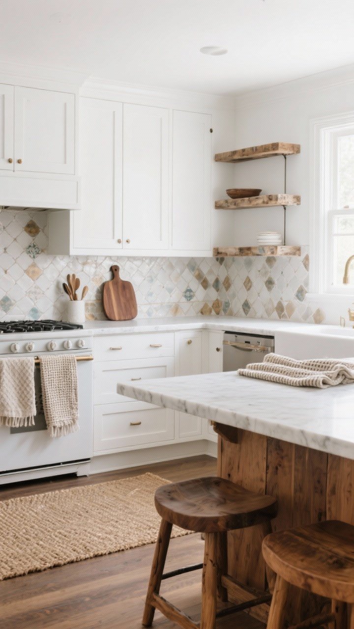 Wide room shot: A bright white kitchen that layers textures—smooth white shaker cabinets, a backsplash of hand-cut zellige tiles with subtle variation, honed white quartz countertops, and a leathered stone island top. Include nubby linen runners on the island, waffle-weave towels on a hook, a chunky jute rug underfoot, and mixed warm woods: oak counter stools, a walnut cutting board, and reclaimed wood open shelves. Soft morning natural light from a window, no people, photorealistic, cozy and lived-in.