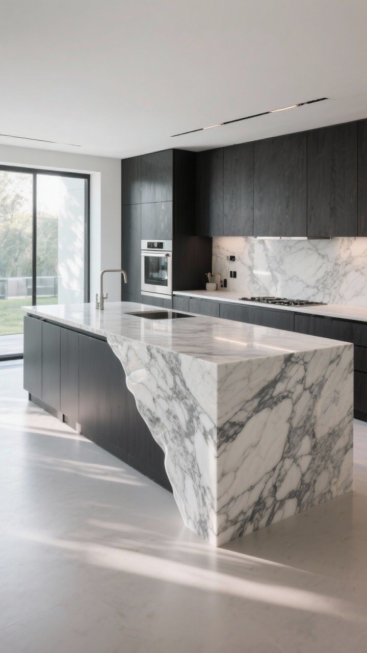 Wide room shot: A modern kitchen featuring a dramatic waterfall edge island where the stone countertop cascades down both sides; use bookmatched marble or quartz with bold veining, dark matte cabinetry contrasted with a light stone, minimal hardware, hidden outlets, and clean architectural lines; soft daylight from large windows, reflective sheen on stone, sleek integrated appliances; camera at straight-on eye level to emphasize seamless lines and sculptural form; photorealistic, no people.