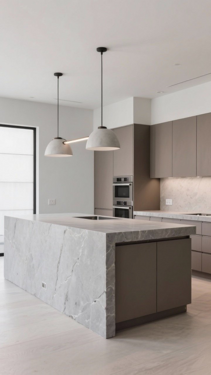 Wide room shot: A monolithic solid block island with extra-thick mitered countertop edges, concealed toe kick, push-latch flat fronts, and panel-ready appliances for a seamless look; oversized pendants or one linear fixture scaled to the mass; outlets hidden in the end panel; restrained palette in soft gray stone and matte taupe cabinetry; balanced, even lighting to emphasize quiet luxury; low, slightly off-center angle to accentuate the powerful silhouette; photorealistic, no people.