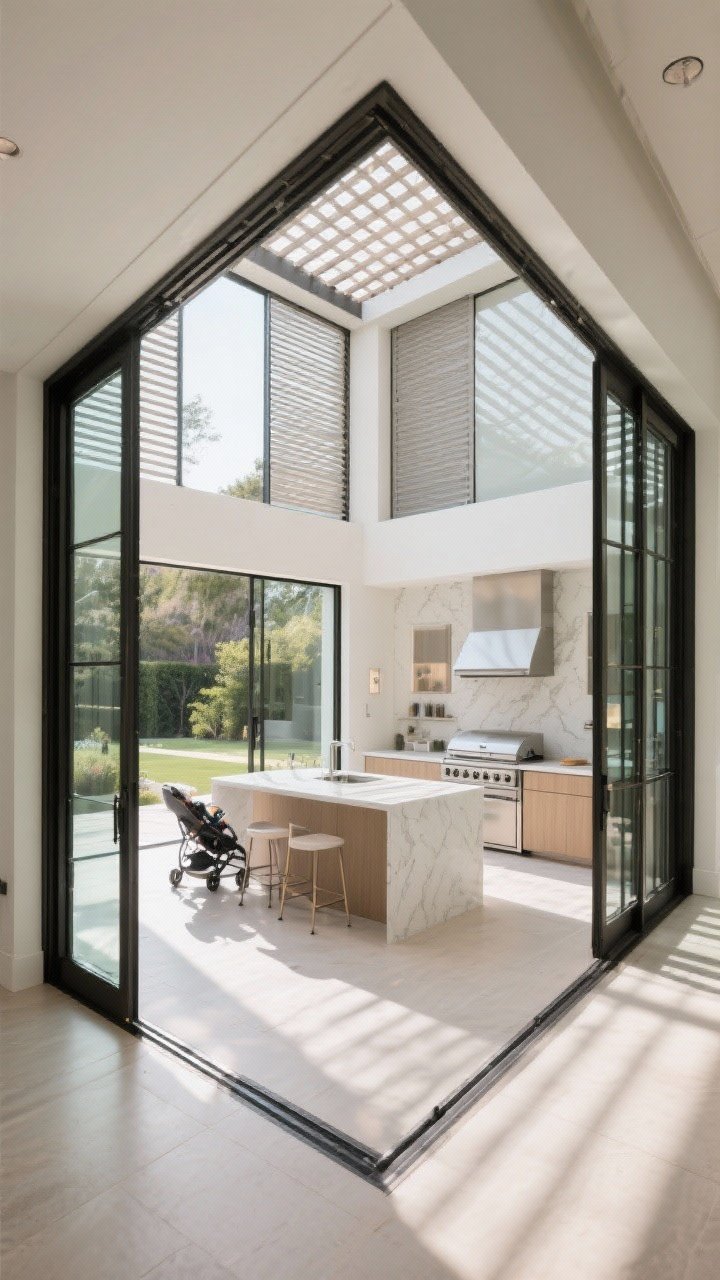 Wide room shot at a corner angle capturing a true indoor-outdoor floor plan: expansive multi-slide or pocket doors fully open, creating a flush, threshold-free transition; indoor island precisely aligned with an outdoor grill and prep zone; motorized screens discreetly tucked above; pergola slats casting soft linear shadows beyond; bright, connected spaces with large panes of glass when closed; accessible, stroller-friendly floor plane; crisp, modern finishes under bright, natural daylight.
