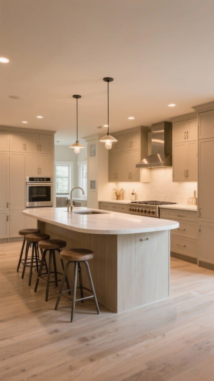 Wide room shot emphasizing conversation-friendly layout: island with a 12–15 inch overhang for comfortable seating, stools spaced 24 inches center-to-center, and gently rounded island corners; clear 36–42 inch circulation to surrounding cabinets; sightlines open to the cooking area; warm, inviting lighting, no people, photorealistic.