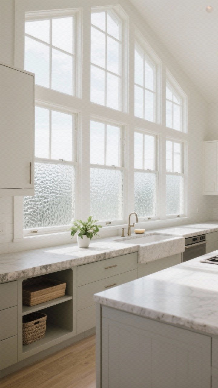 Wide room shot emphasizing counter-to-ceiling divided-light windows flooding the kitchen with natural light; no upper cabinets, a wide stone sill used as a slim ledge for a small plant and soap; storage handled elsewhere (hint of a large island or pantry wall in frame); optional textured glass in some panes for privacy; bright, expansive, serene atmosphere