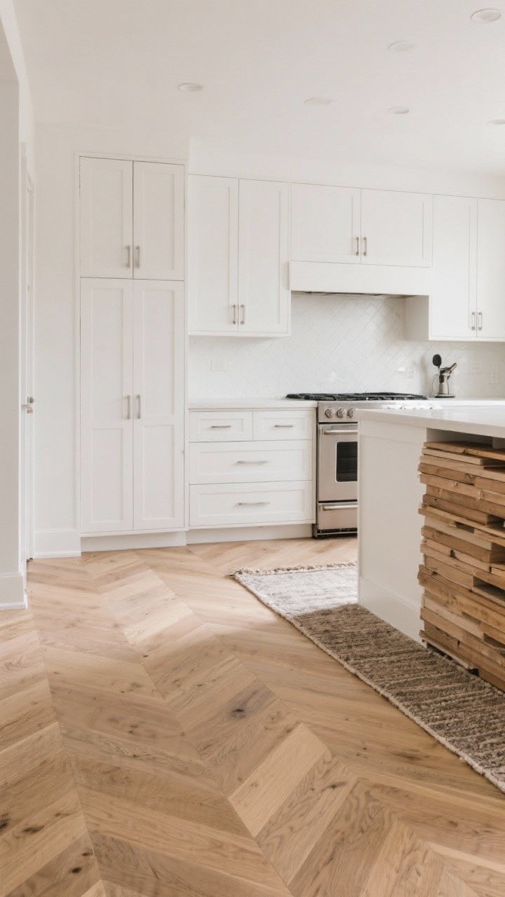 Wide room shot emphasizing flooring: white cabinets with natural matte white oak floors running throughout; subtle herringbone pattern in a zone near the cooking area for added texture; alternative LVP plank stack visible at the edge to suggest low-maintenance option; matte or wire-brushed finish for scratch camouflage; a slim runner with a rug pad peeking underneath; warm, grounded feel.