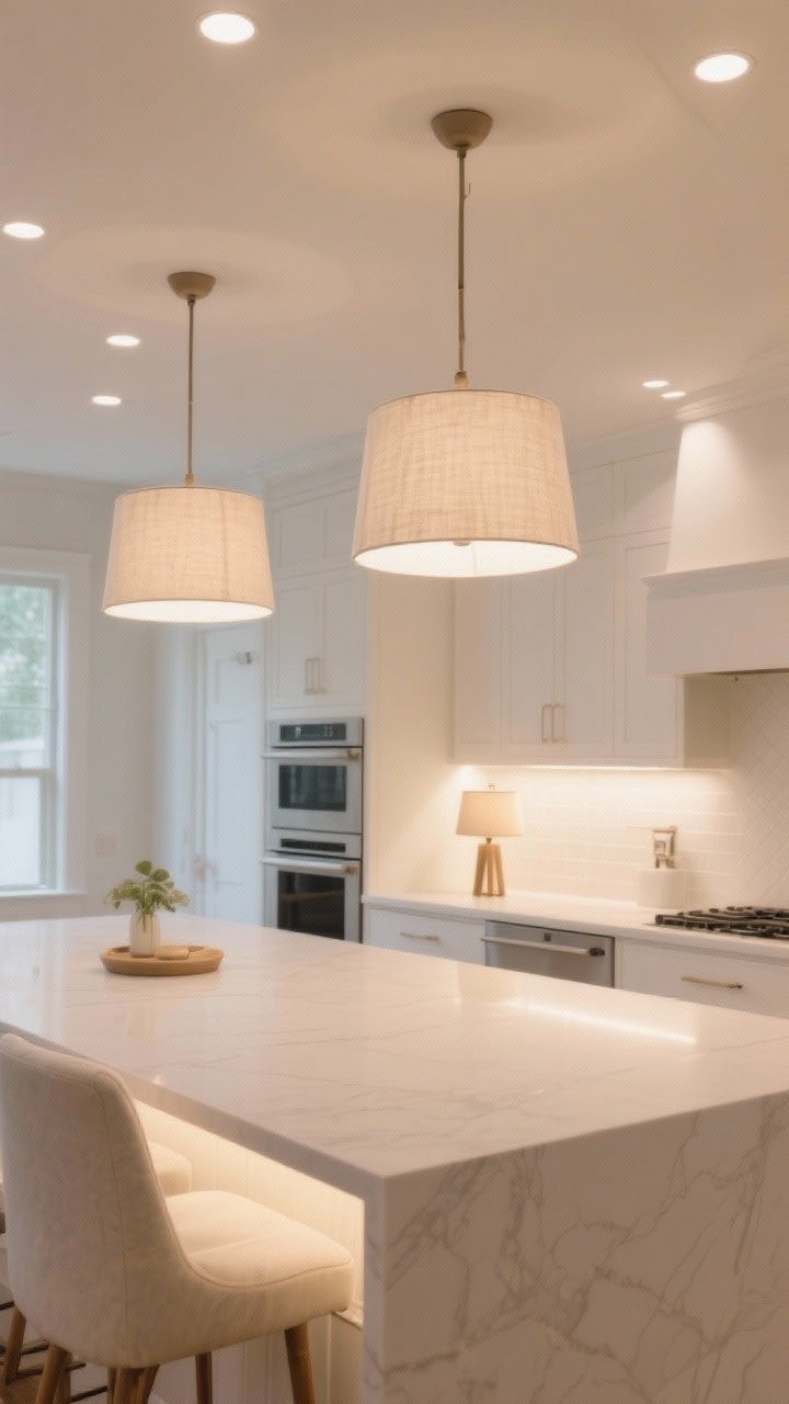 Wide room shot emphasizing layered lighting: warm ambient recessed LEDs at 2700–3000K, under-cabinet task lighting illuminating a white countertop, and two linen-shaded pendants over the island plus a small table lamp on the counter; milky or linen shades to diffuse light, creating a cozy, non-glare atmosphere in a white, softly textured kitchen.