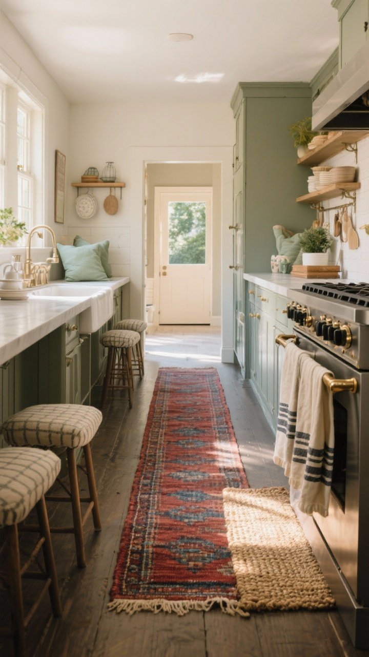 Wide room shot highlighting kitchen textiles: a vintage-style runner with muted reds and blues stretching along the galley, a washable rug near the range, and a natural fiber mat at the sink; linen tea towels in a cohesive palette (sage, cream, and charcoal stripe) draped over an oven handle; slim cushions on counter stools in a subtle patterned fabric; warm afternoon light, straight-on perspective down the length of the kitchen to showcase layered textures