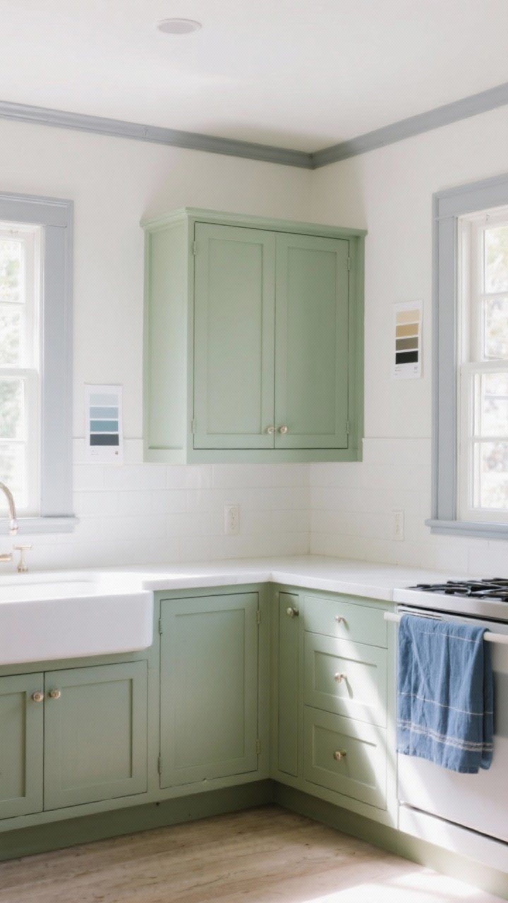Wide room shot of a bright kitchen painted in a classic, calming palette: warm white walls in eggshell, soft gray trim in semi-gloss, sage green Shaker cabinets as the anchor color, muted blue accents in linens; natural morning light flooding in, subtle satin sheen on walls; include swatch cards taped on two different walls to imply testing in varied light; clean, intentional mood, no people.