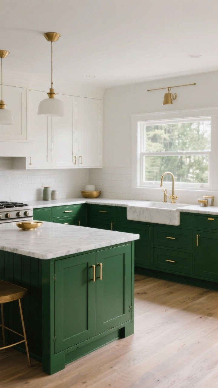 Wide room shot of a chic green-painted kitchen: lower cabinets in deep forest green matte finish, white upper cabinets, a bold island in olive with satin sheen, brass hardware, and warm white walls; include a quartz countertop, warm metals, and natural daylight from a window creating soft, low-glare reflections; style with minimal accessories to feel grounded and serene, like a calm forest-hugged space.