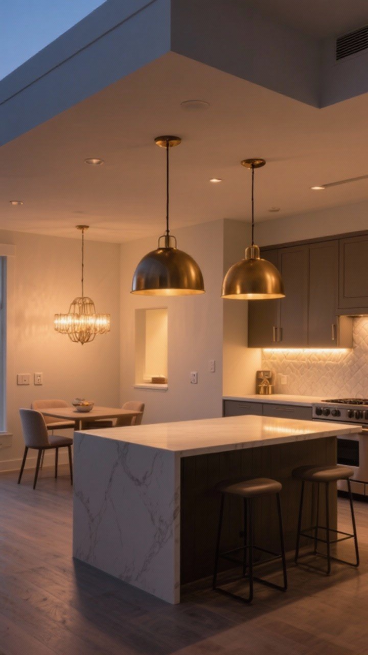 Wide room shot of a contemporary kitchen with layered lighting at dusk: two oversized 16-inch matte brass pendants over the island, warm 2700K under-cabinet LED strips illuminating the backsplash, and a statement chandelier over a small breakfast nook; visible dimmer switches on the wall; soft, warm overall glow with distinct ambient, task, and accent layers creating depth; corner angle showing island, perimeter cabinets, and nook in one frame