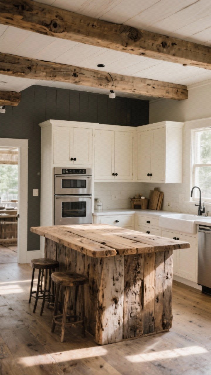 Wide room shot of a cozy rustic kitchen featuring weathered knotty pine cabinetry and a reclaimed oak island with visible grain and rough-hewn ceiling beams; pair with smooth painted upper cabinets in creamy white, matte black pulls and knobs, and streamlined stainless appliances; natural morning light filtering in, soft shadows, earthy palette of oatmeal, charcoal, and cream; angle from a corner to showcase the contrast of old wood textures and modern finishes, photorealistic.