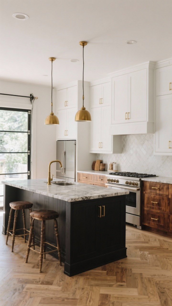 Wide room shot of a curated mixed-material kitchen: walnut lower cabinets, white painted uppers, satin brass hardware, and a matte black island; repeat brass in pendant lighting and faucet; stone countertop and a powder-coated steel appliance garage door; balanced palette with light backsplash to prevent heaviness, natural daylight, photorealistic
