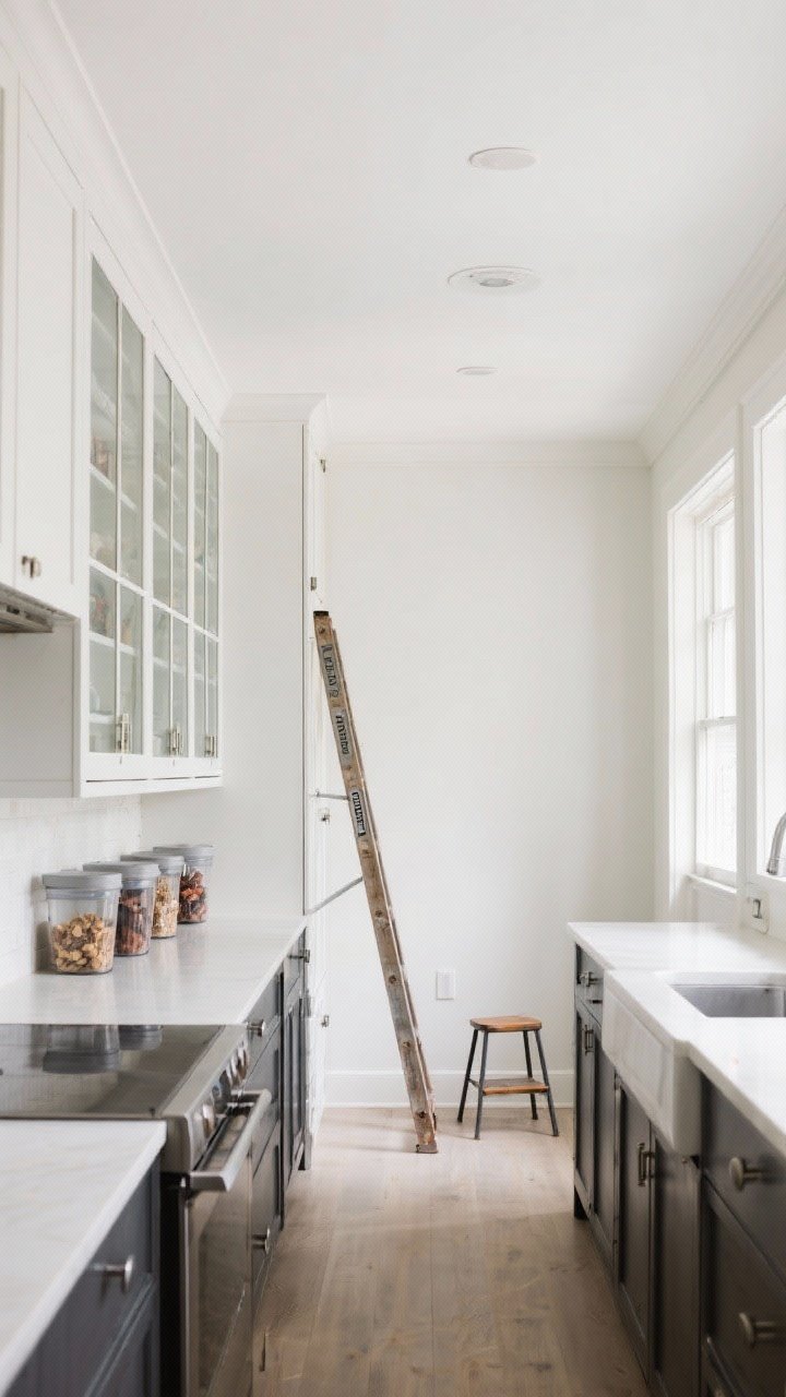 Wide room shot of a galley kitchen with upper cabinets extended to the ceiling in soft white matching the ceiling for a unified, taller look; glass-front doors on a few uppers reflecting light; labeled bins on the highest shelves for seasonal items; a slim library ladder leaned neatly at the end of the run, plus a foldable step stool tucked in a corner; two-tone scheme with darker lower cabinets; bright, even daylight.