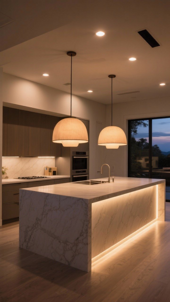 Wide room shot of a kitchen island under layered lighting: two oversized pendants with warm 2700–3000K bulbs centered over the island, a soft under-counter LED glow at the toe-kick creating a halo, and dimmed ambient ceiling lights; clean modern space with light stone counters, warm color temperature overall, pendants scaled with at least 6–8 inches from the island edge; evening mood, photorealistic.