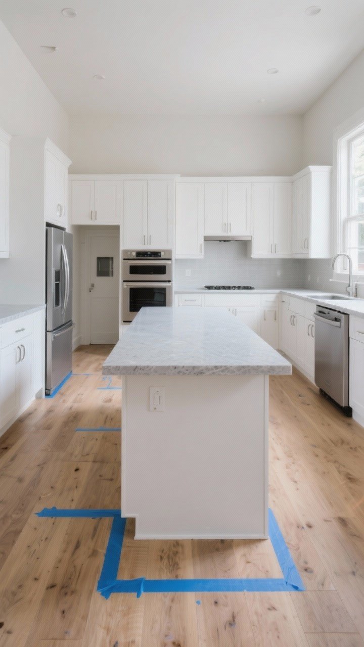 Wide room shot of a modern kitchen showing a correctly sized island centered with 36–42 inch clear walkways on all sides, 5–8 feet long and about 24–48 inches wide, blue painter’s tape on the floor marking alternative footprints, all major appliance doors (fridge, oven, dishwasher) open to demonstrate clearance; natural daylight, matte white perimeter cabinets, light oak floors, soft gray quartz countertop, neutral palette, straight-on perspective emphasizing circulation space