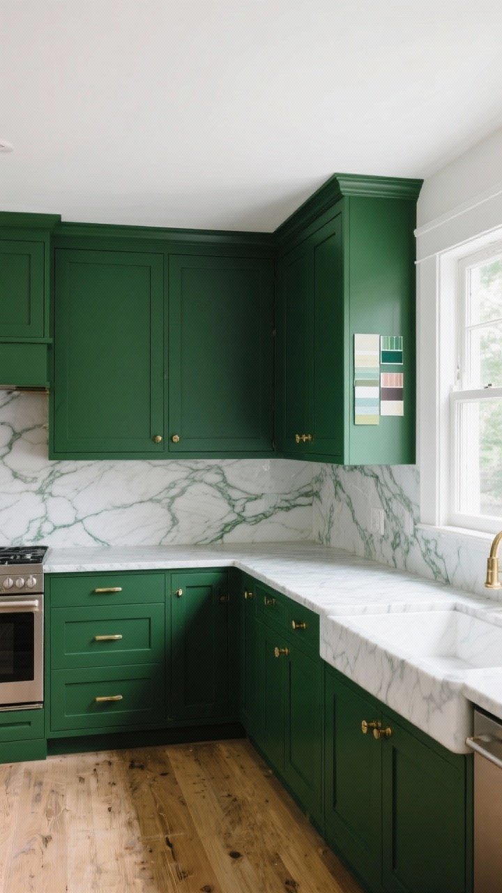 Wide room shot of a modern kitchen with deep forest-green matte painted cabinets as the dominant color, paired with warm white trim, honed marble countertops with soft gray-green veining, and brushed brass pulls; test-swatch cards visible on the side of a cabinet door; natural morning light from a side window, showing the green tone matching a vein in the stone; overall fresh, elegant mood without high gloss, emphasizing rich green cabinetry against natural wood and stone.