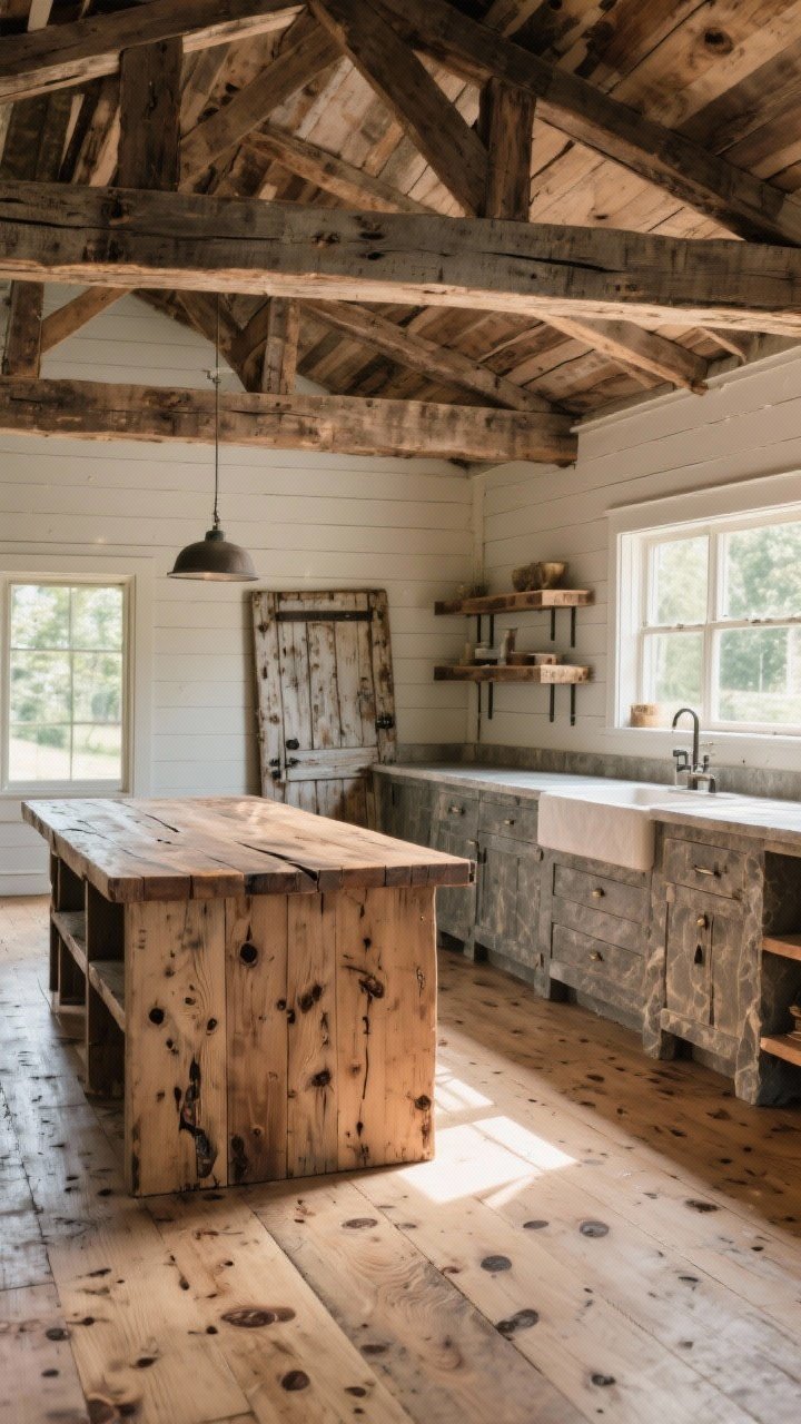 Wide room shot of a rustic farmhouse kitchen showcasing weathered wood: knotty pine floors with visible knots, reclaimed barn beams overhead, and a chunky butcher-block island scarred with dings and knife marks; one wall lined with salvaged shiplap left raw, perimeter counters in stone with matte finishes; warm natural morning light filters in, creating a soft glow rather than shine; include a salvaged old door leaning near open shelves made from reclaimed planks.