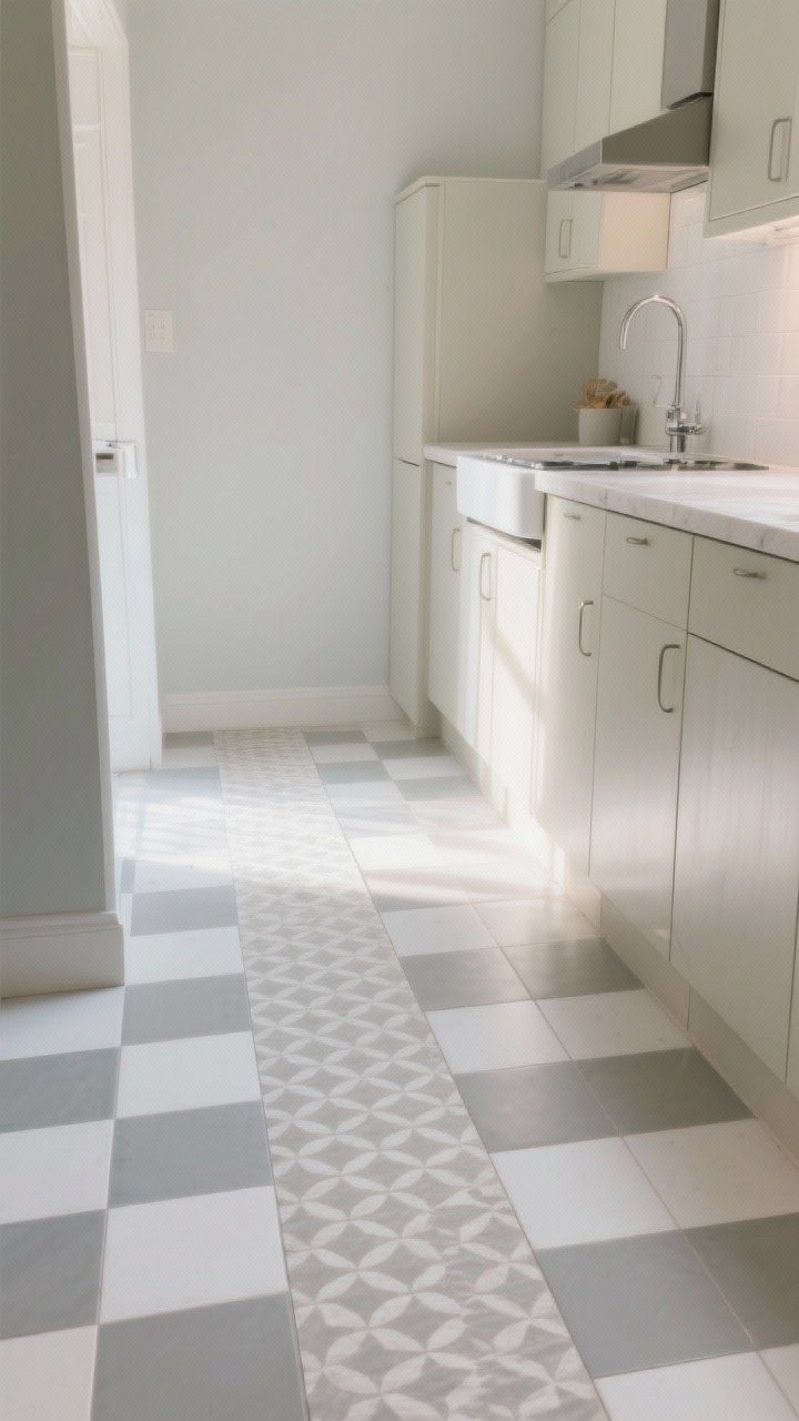 Wide room shot of a small kitchen floor glow-up: peel-and-stick checkered tiles in soft, low-contrast gray and white laid seamlessly, a narrow washable runner with a muted geometric pattern stretching the space; light-toned cabinets and a tonal palette to keep the room airy; subtle afternoon light; photorealistic, slightly elevated corner angle showing the continuity of the floor.