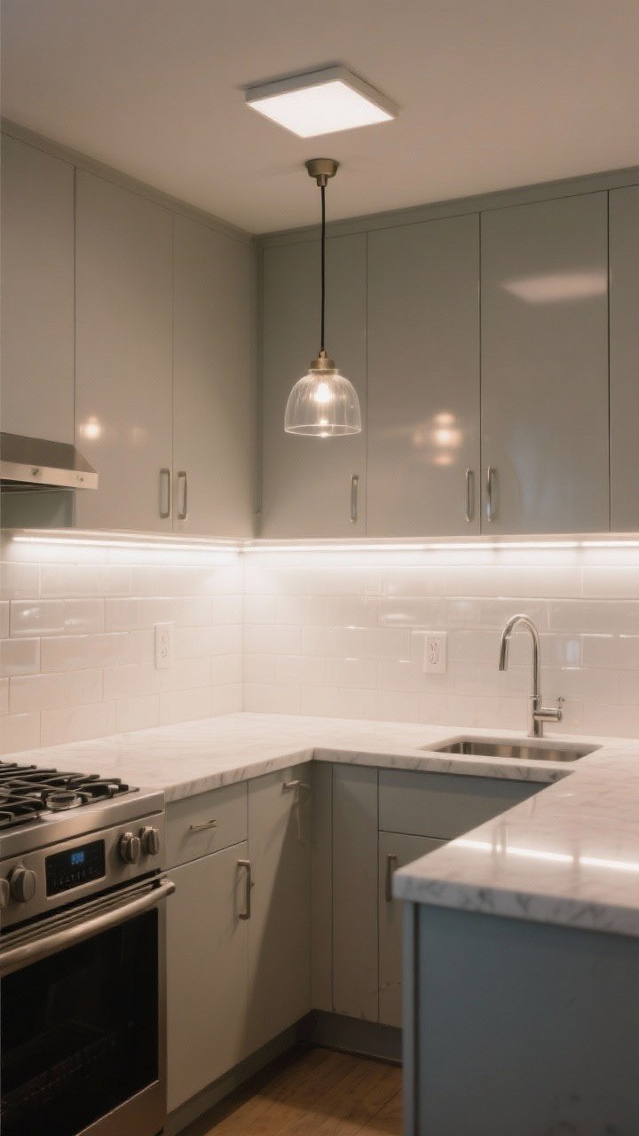Wide room shot of a small kitchen “lit like you mean it”: warm-white under-cabinet LED strips illuminating quartz counters without shadows; a simple glass pendant and a flush-mount ceiling fixture keeping sight lines clear; glossy white subway backsplash and brushed metallic hardware reflecting light. Color temperature at 2700–3000K, cozy yet bright mood, pale cabinetry and soft gray walls, subtle reflections enhancing perceived space.