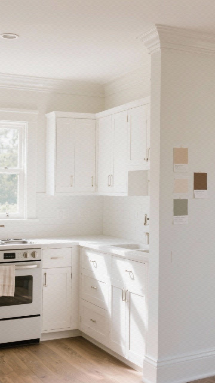 Wide room shot of a white kitchen bathed in soft north-facing daylight, featuring cabinets in a warm soft white (Benjamin Moore Simply White or Sherwin-Williams Alabaster), walls in BM White Dove, and slightly brighter trim/ceilings for subtle contrast; include paint swatches taped to different walls to show testing at various light angles, matte finishes, and a serene, cozy mood—no stark, clinical whites.