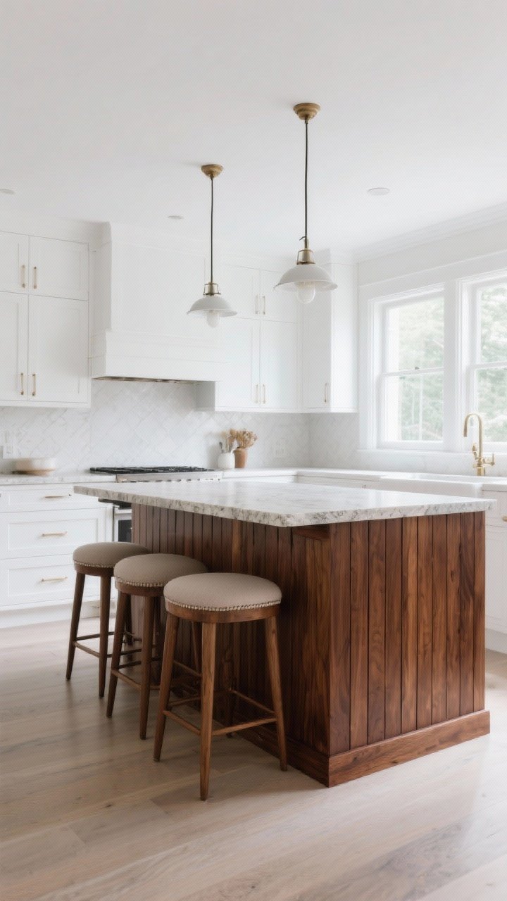 Wide room shot of a white kitchen with a bold wood island as the statement piece: rich walnut base with vertical slat paneling, furniture-style legs, and a light honed stone countertop. White wall cabinets and backsplash keep the space bright; upholstered counter stools soften the wood-on-wood. Pendant lights above the island, natural daylight streaming from large windows. Angle from the corner to capture the island’s presence and contrast.