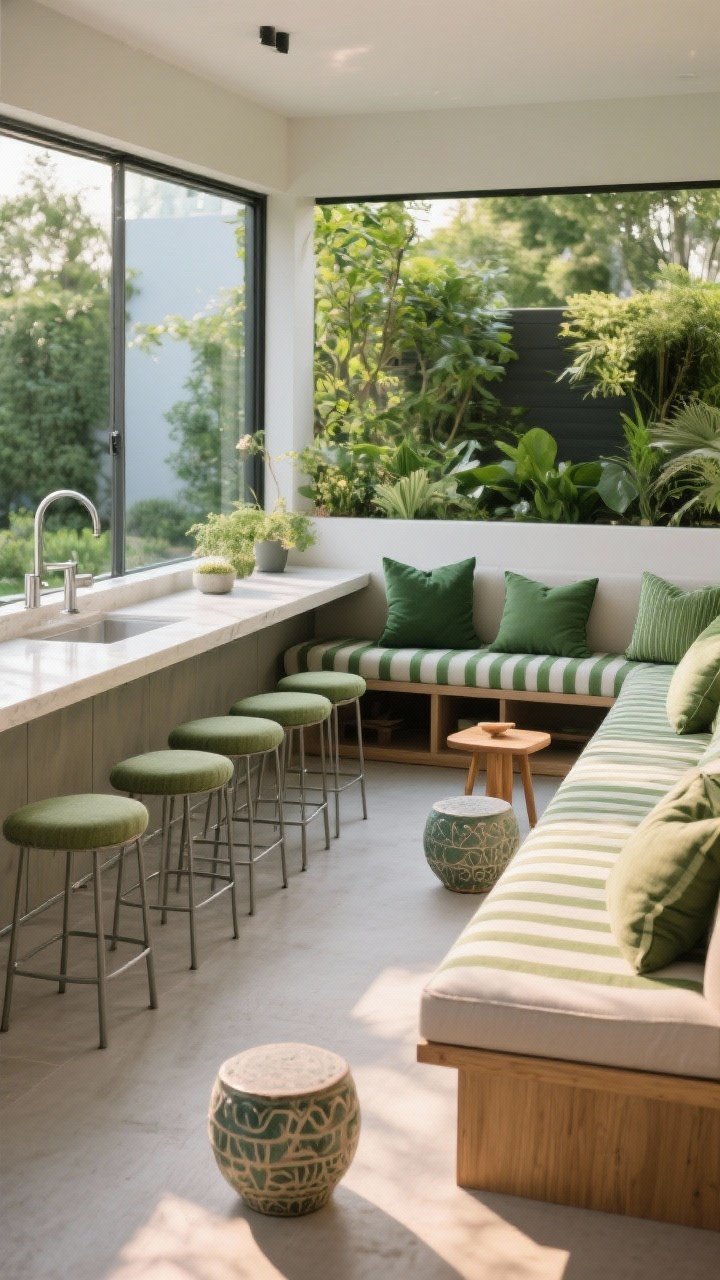 Wide seating zone adjacent to greenery, designed for durability and comfort: powder-coated bar stools with performance fabric seats lined at a peninsula; a built-in bench with lift-up storage below, topped with UV-resistant washable cushions in subtle narrow green stripes; a few darker green lumbar pillows for depth; movable ceramic garden stools and a small teak side table; gentle late-afternoon shade, clean lines, and easy-to-wipe surfaces.