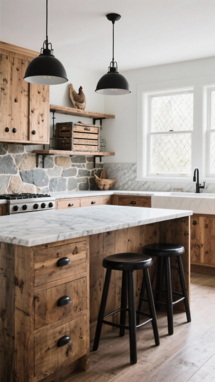 Wide shot: A balanced rustic-meets-modern kitchen featuring mixed materials—natural wood cabinetry paired with honed marble counters, matte black hardware, and a stone backsplash. One vintage crate styled on a shelf (not multiples), sleek black island stools, and a simple modern pendant add contrast. Warm, diffused daylight from a large window, no farm motifs like chicken wire; layered textures feel collected, not theme-y.
